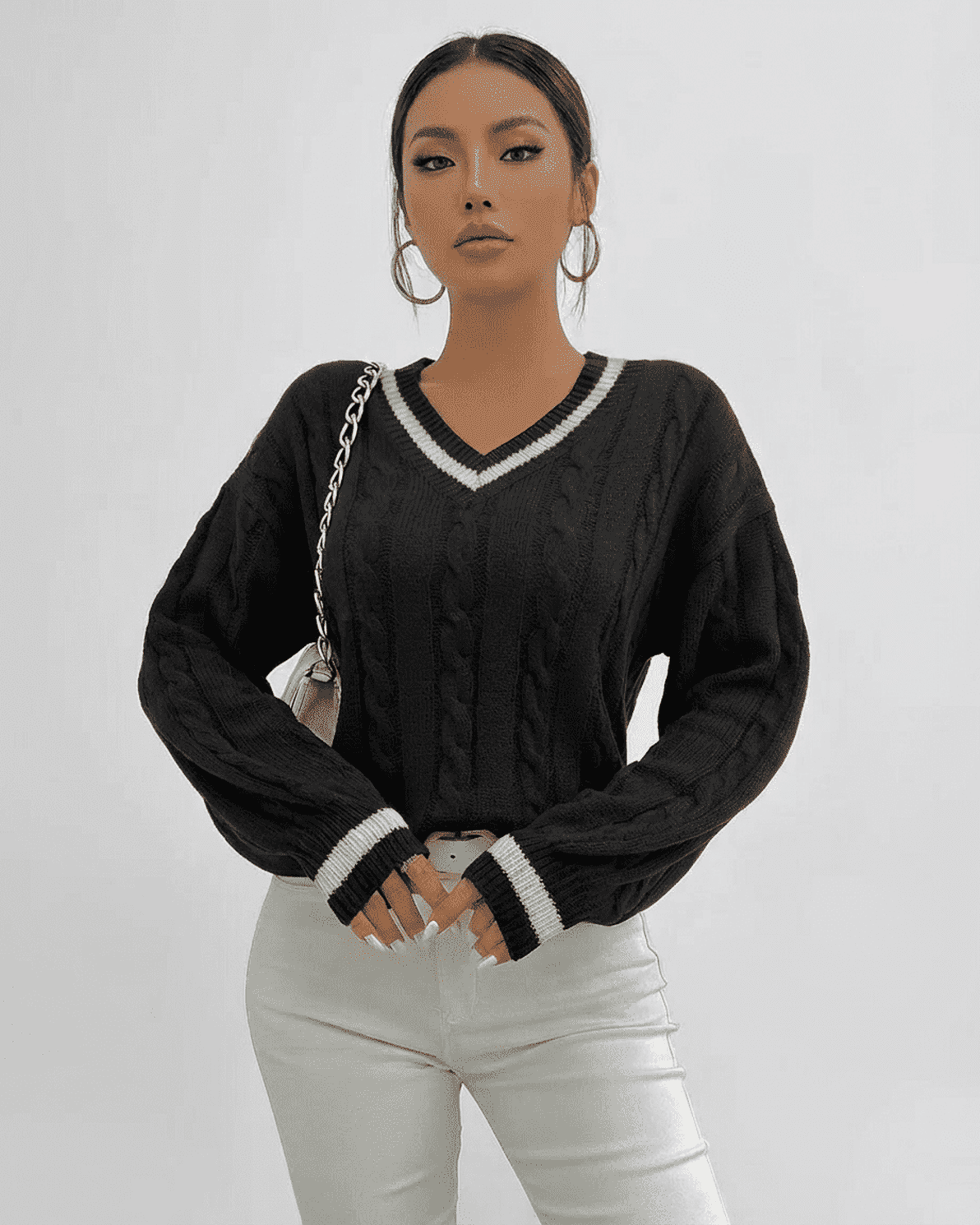 Verona Sweater by Slimona - Black cable knit V-neck pullover for women, perfect for stylish layering.