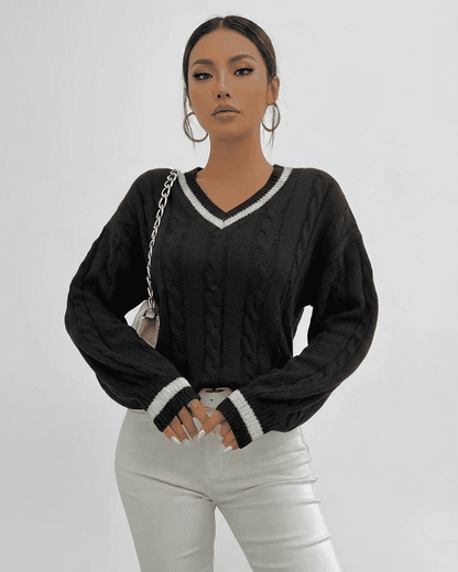 Verona Sweater by Slimona - Black cable knit V-neck pullover for women, perfect for stylish layering.