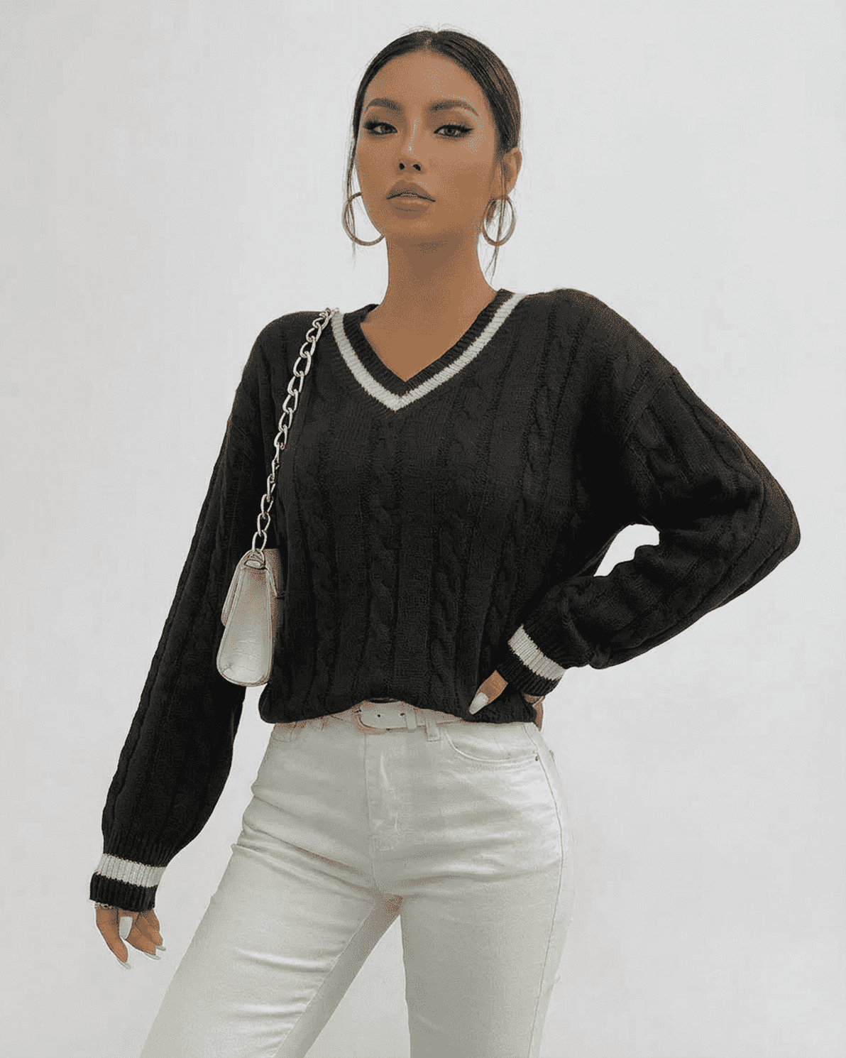 Verona Sweater by Slimona, black cable knit V-neck pullover for stylish layering.