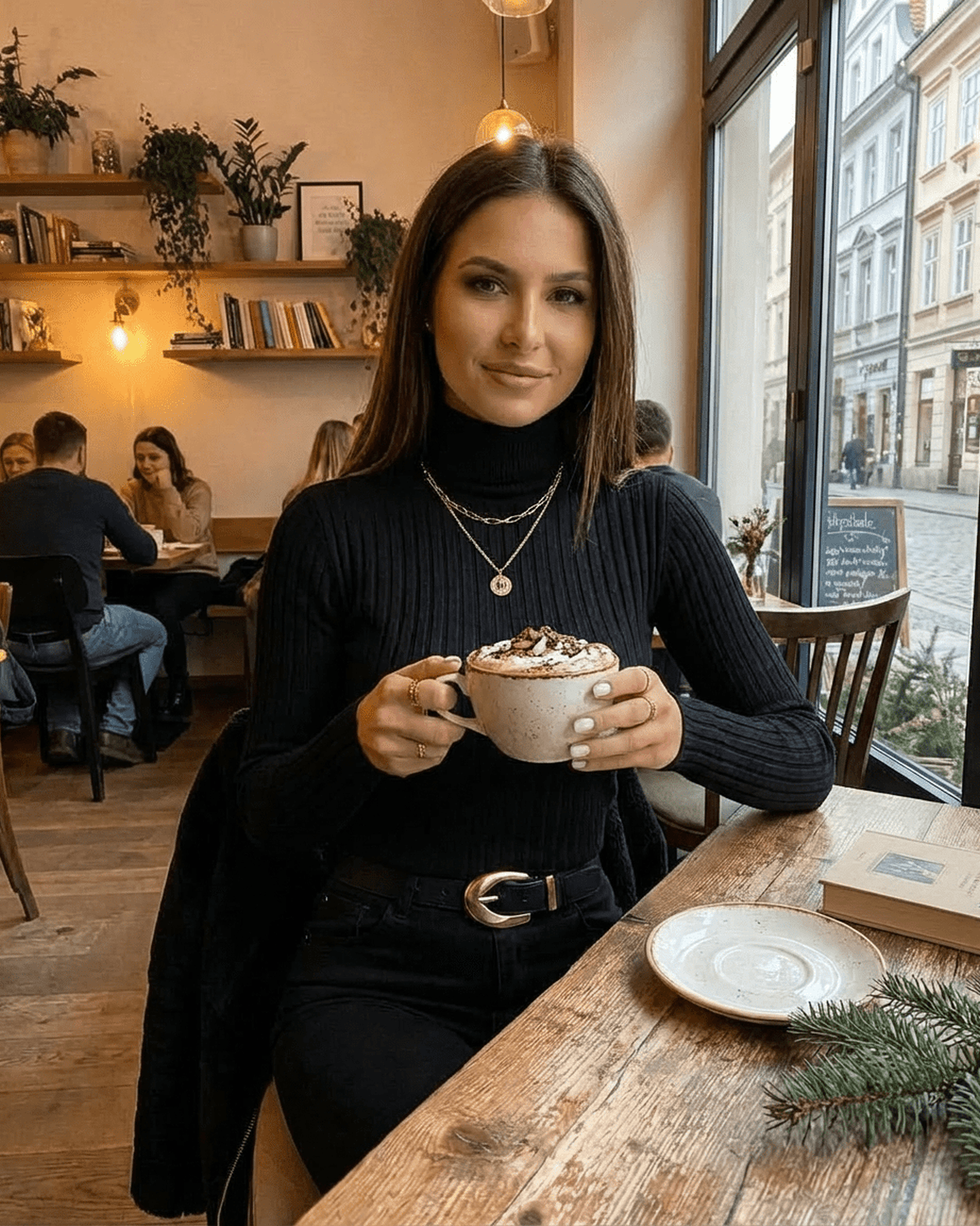 Woman in a black ribbed turtleneck holding a hot drink in a cozy café, wearing Slimona's Vesper Sweater.