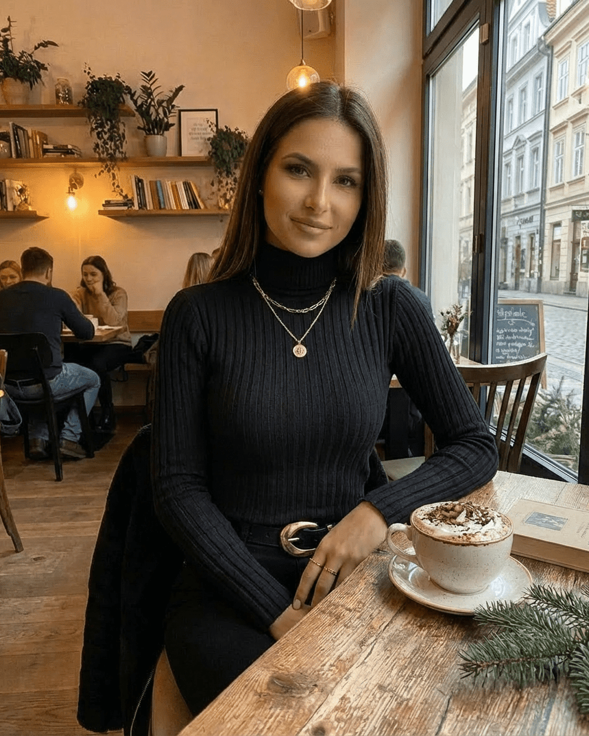 Vesper Sweater by Slimona — Elegant ribbed turtleneck knitwear worn in a cozy café setting.