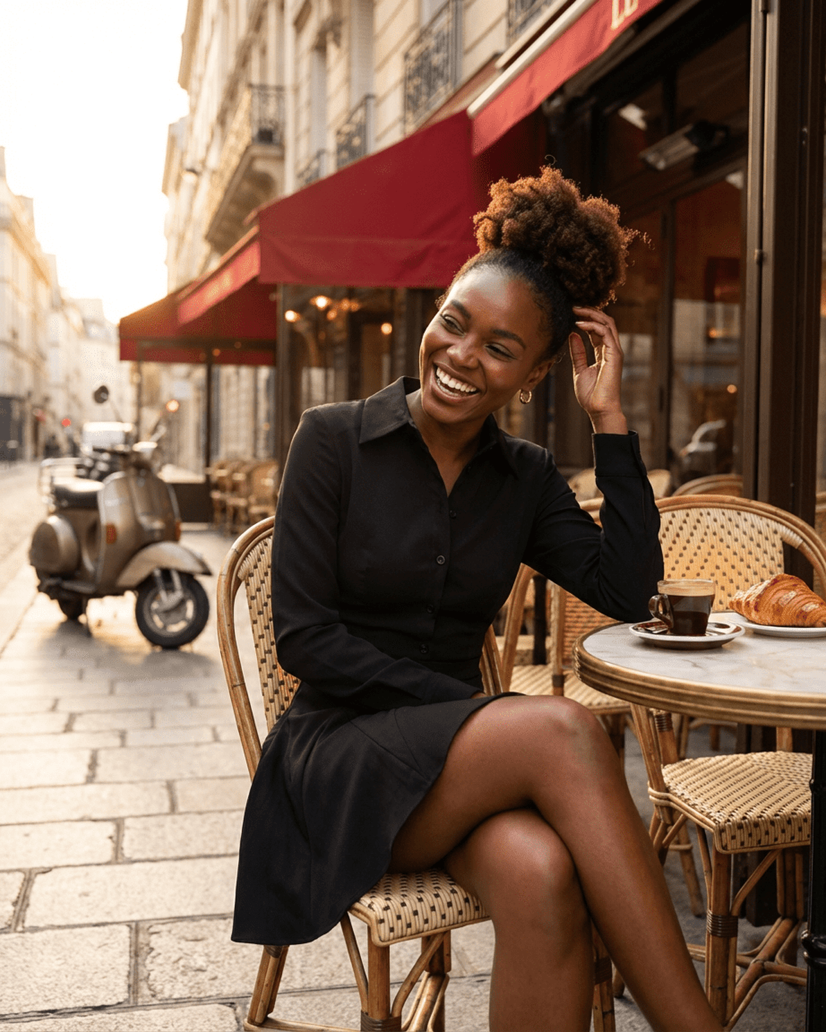 Woman enjoying coffee in a cafe while wearing the Vesta Mini Dress by Slimona, showcasing elegance and style.