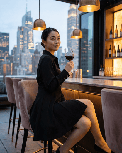 Woman enjoying a drink in a Vesta Mini Dress at a stylish bar with city skyline backdrop.