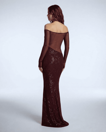 Elegant rear view of Virella Maxi Dress by Slimona, showcasing deep red sequins and a stunning off-shoulder design.