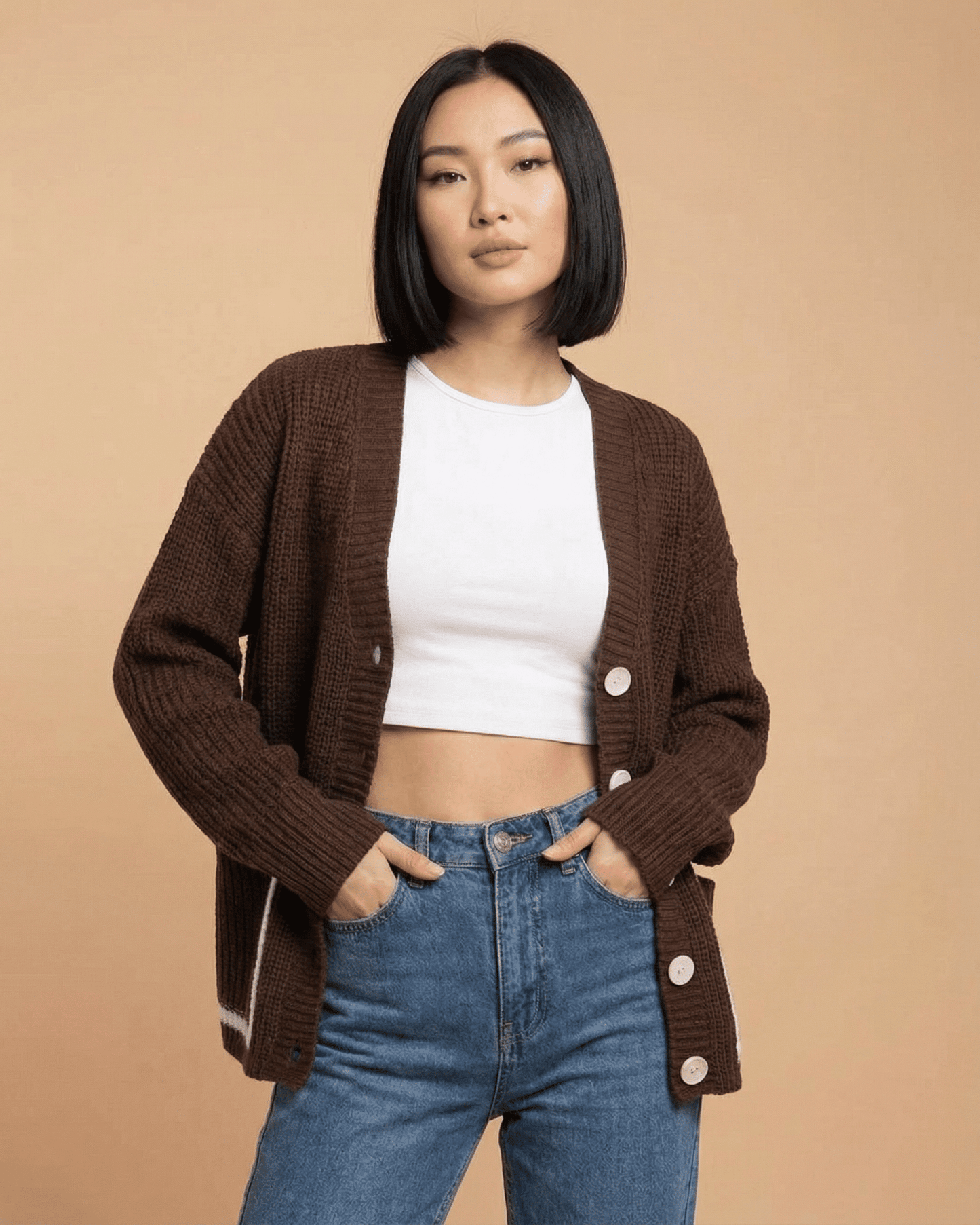 Slimona Cocoa Cardigan in color block design, showcasing a modern look with a relaxed fit and V-neckline.