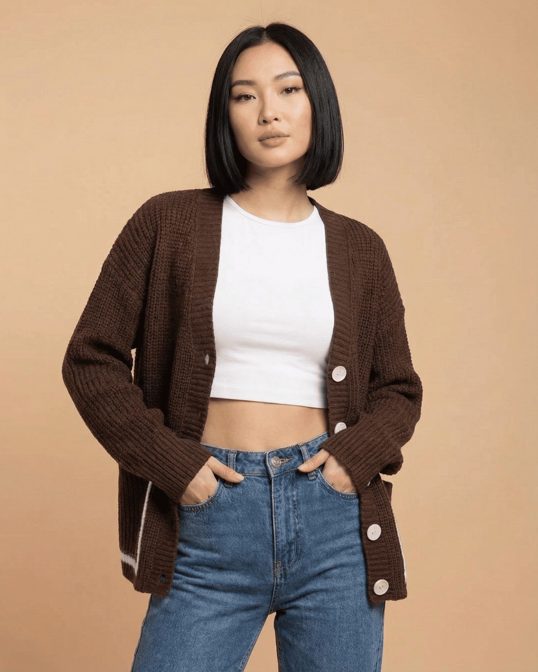 Slimona Cocoa Cardigan in color block design, showcasing a modern look with a relaxed fit and V-neckline.