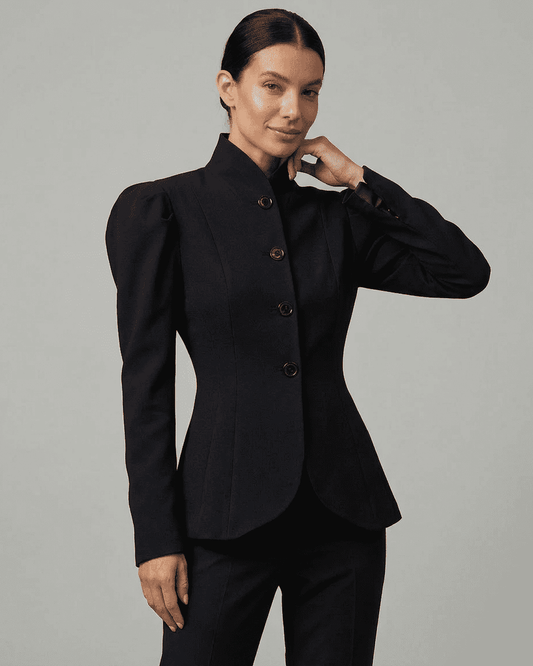 Noiré Blazer by Slimona featuring stand collar and structured puff sleeves for sophisticated workwear.