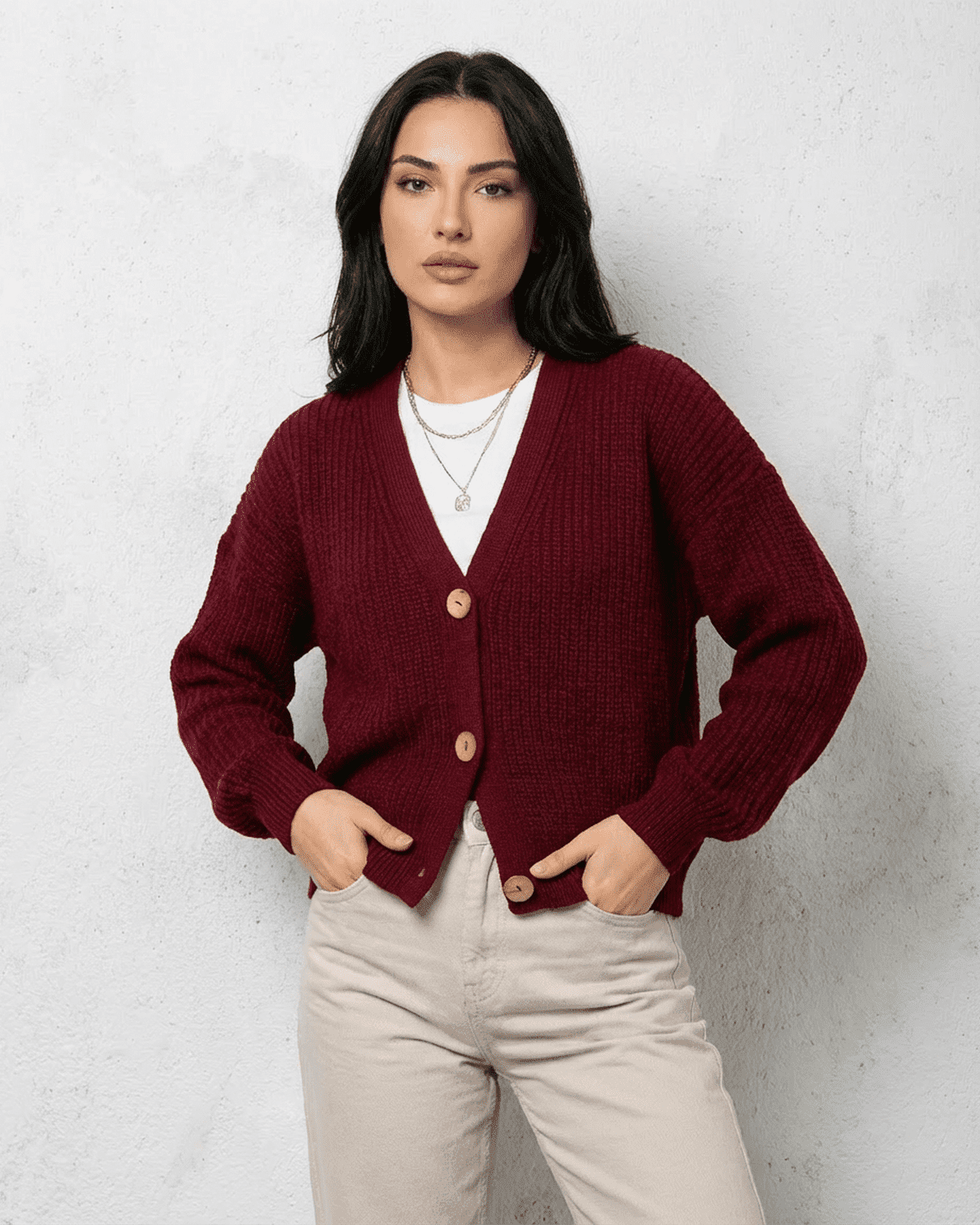 Vesper Cardigan by Slimona in luxurious burgundy, featuring a classic V-neck design and comfortable loose fit.