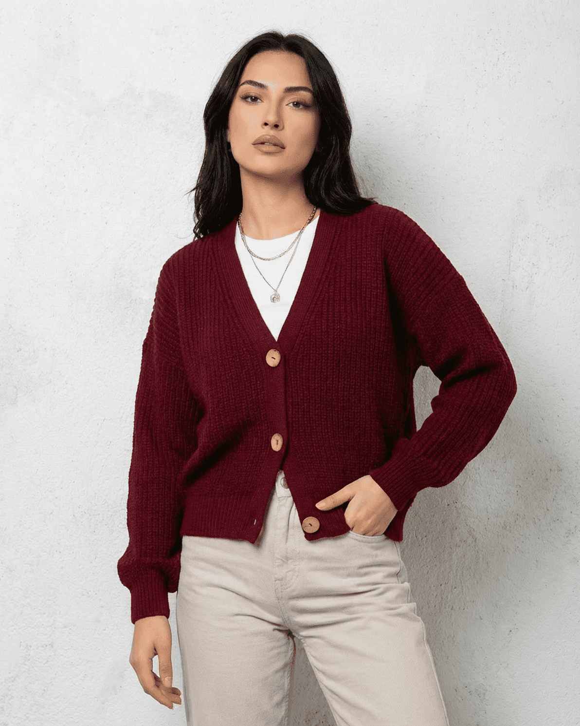 Vesper Cardigan by Slimona, luxurious burgundy knitwear with classic V-neck design, perfect for modern women.