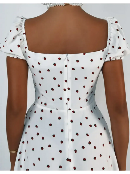 Back view of a white mini dress with puff sleeves and red polka dots, perfect for summer dresses or wedding guest outfits.