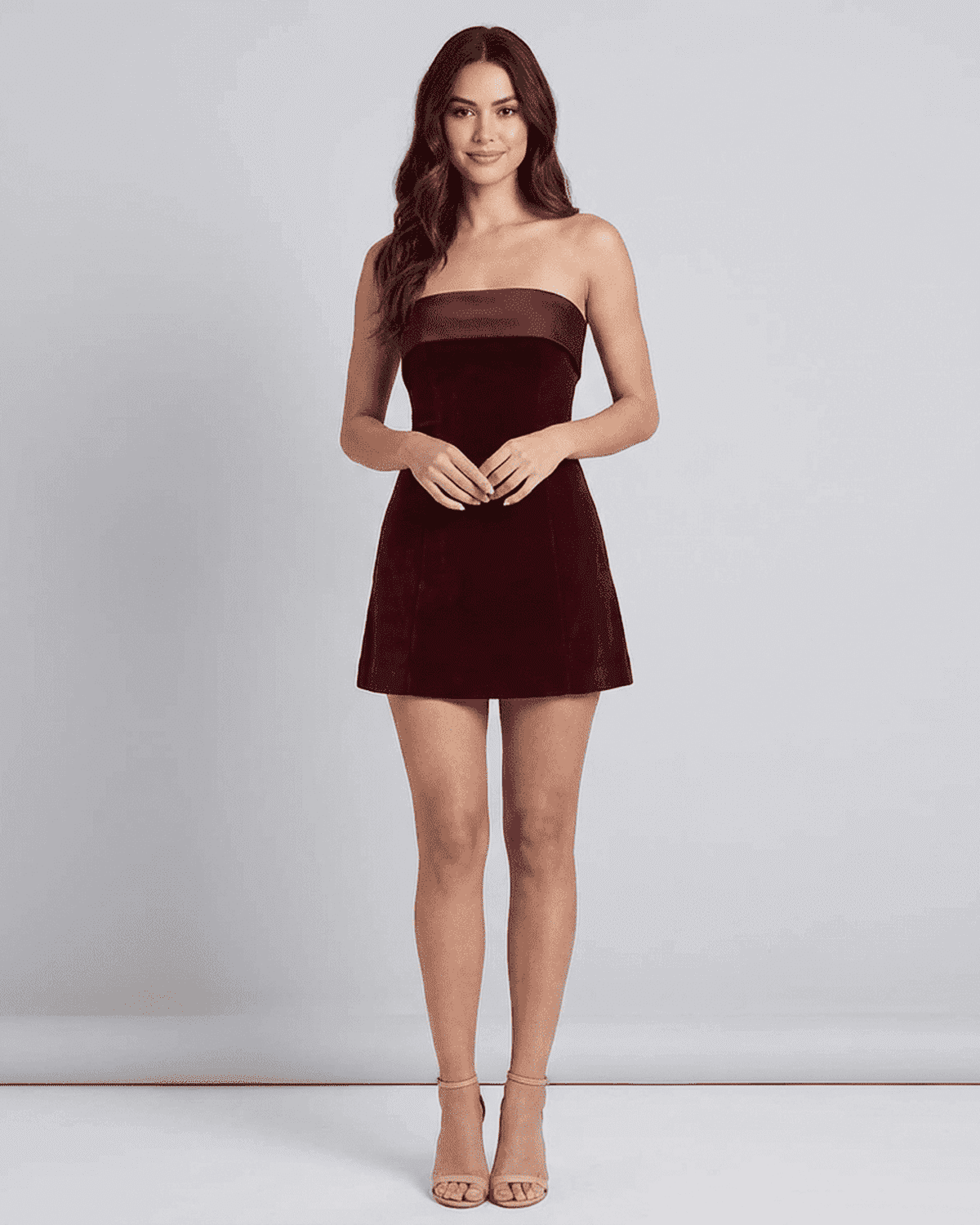 Luxe Mini Dress by Slimona in luxurious burgundy velvet, showcasing a stylish strapless design that flatters the silhouette.