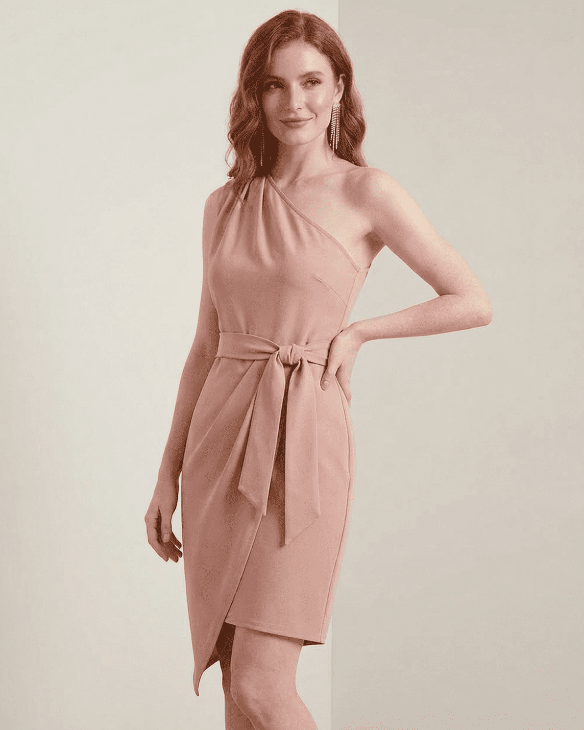 Slimona Lyra Mini Dress - one-shoulder satin bodycon with asymmetrical hem in pink color.