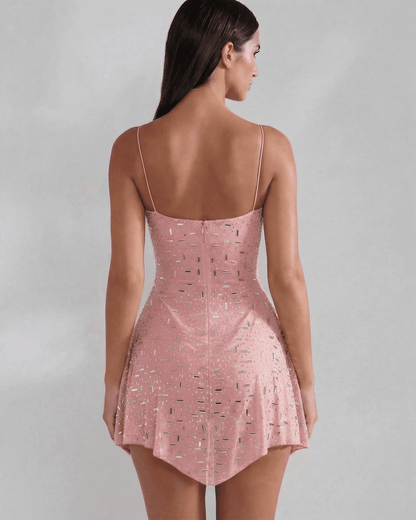 Back view of Slimona Lyra Mini Dress in blush with subtle sparkle and structured square neckline.