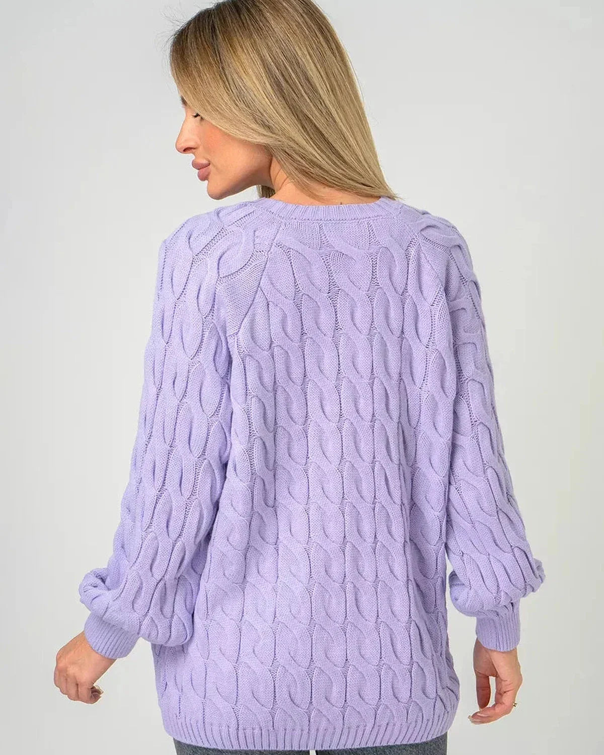 Back view of the Lyra Sweater in lavender with modern cable knit design by Slimona.