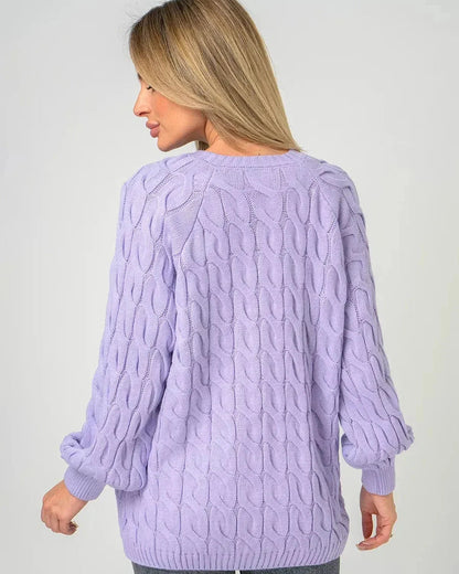 Back view of the Lyra Sweater in lavender with modern cable knit design by Slimona.