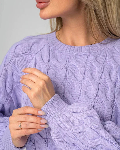 Lyra Sweater by Slimona, oversized lavender knit with modern cable design, showcasing a chic and relaxed look.