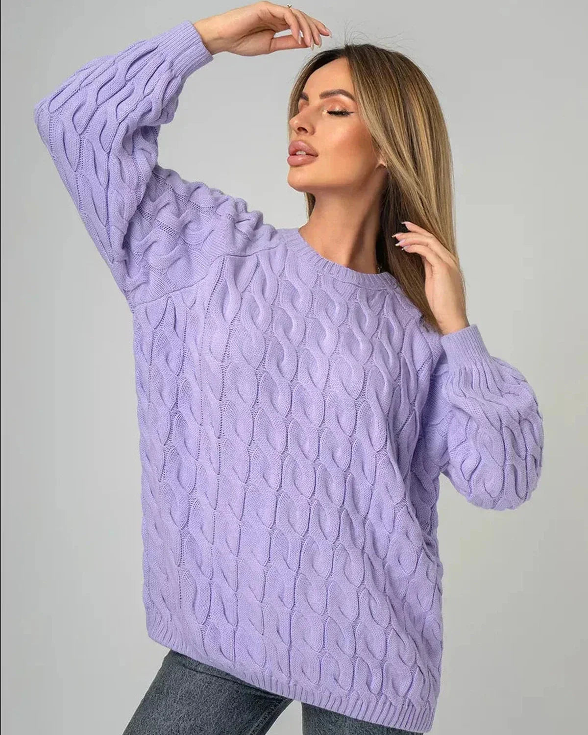 Lyra Sweater by Slimona in oversized lavender knit with modern cable design, perfect for stylish comfort.