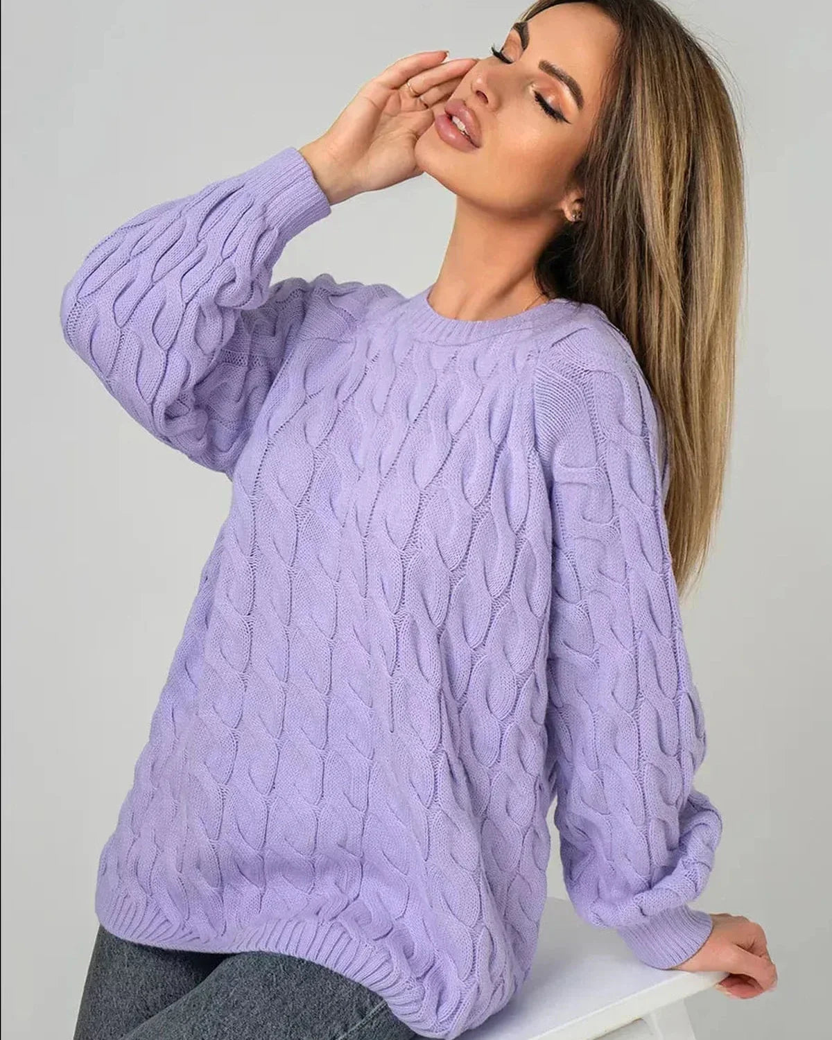 Lyra Sweater by Slimona, oversized lavender knit with modern cable design, styled for effortless chic and comfort.