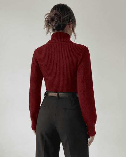 Back view of a woman wearing a Slimona Merlot Sweater with a mock neck and ribbed knit design.