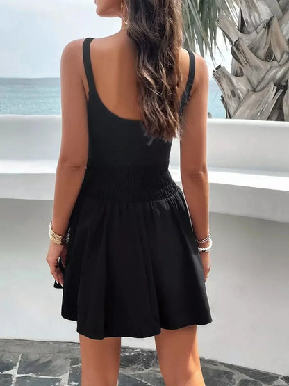 Back view of a woman in a black mini dress, perfect for summer, weddings, and casual outings.