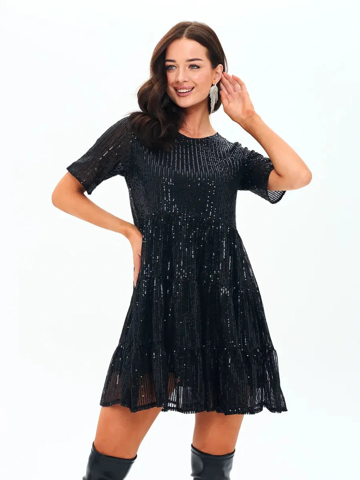 Black sequin mini dress featuring short sleeves and ruffle-tiered hem, perfect for parties and formal occasions.