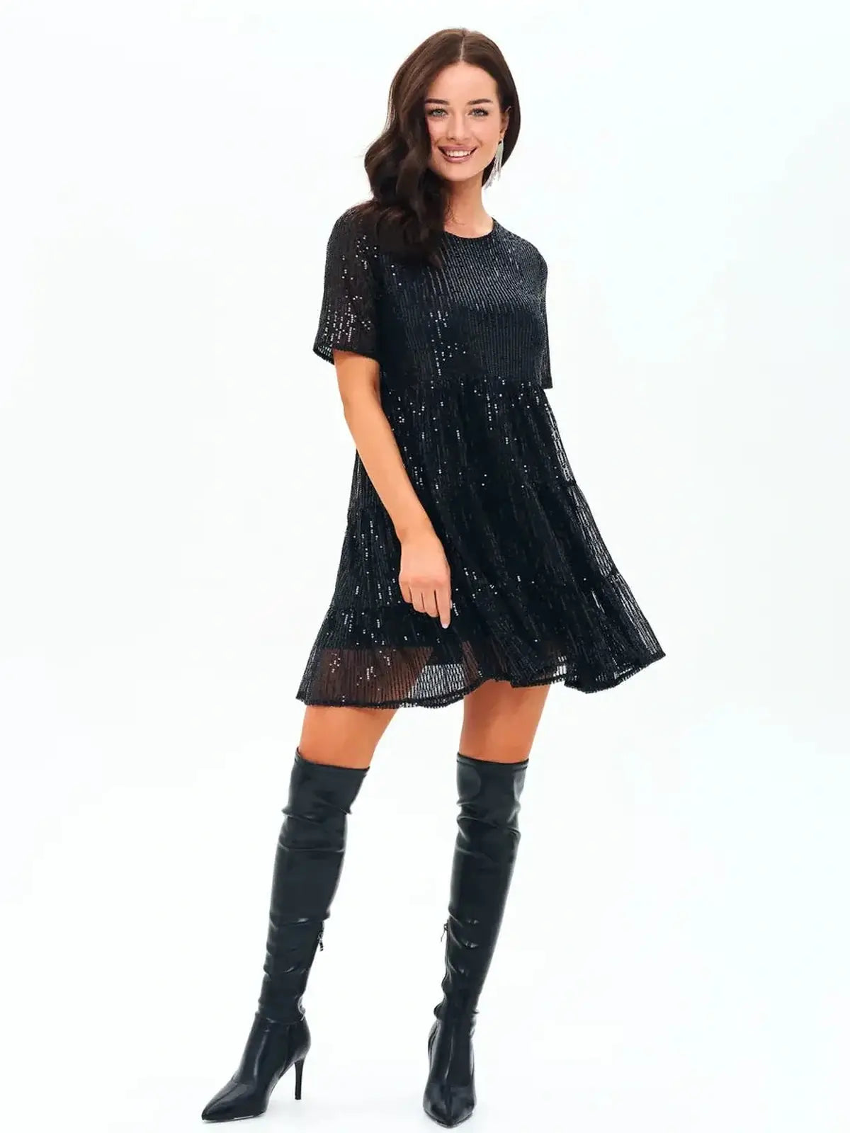 Sparkling black mini dress 'Midnight Glint' perfect for parties, prom, and weddings, featuring a ruffle-tiered hem.