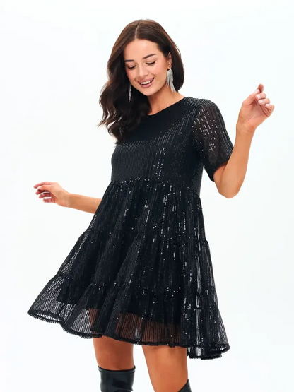Black sequin mini dress with short sleeves and ruffle-tiered hem, ideal for party and formal occasions.