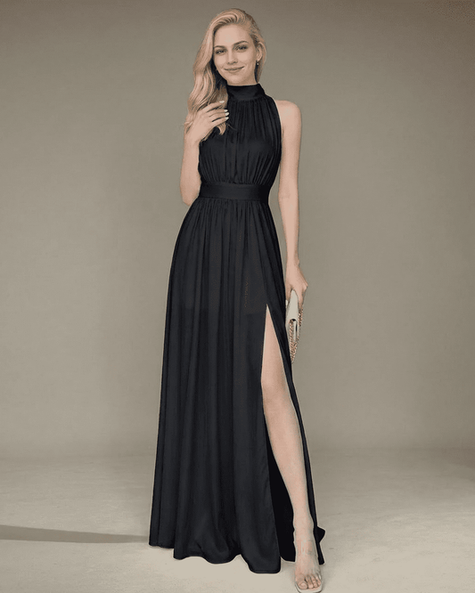 Noctis Maxi Dress by Slimona - Elegant sleeveless turtleneck dress with side slit in sleek black, showcasing modern style.