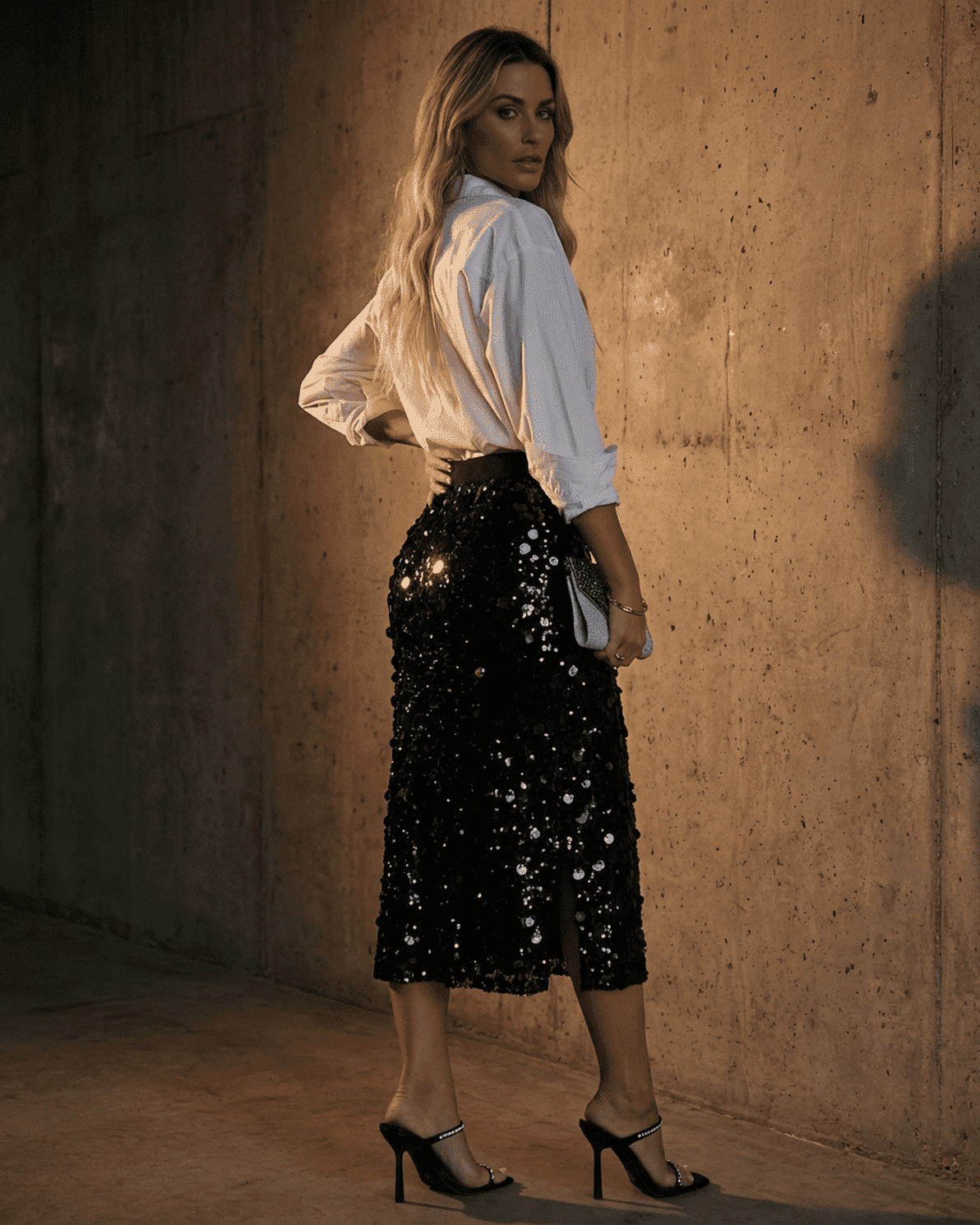 Model wearing Noctura Midi Skirt by Slimona, showcasing a high waist bodycon design with sequins.
