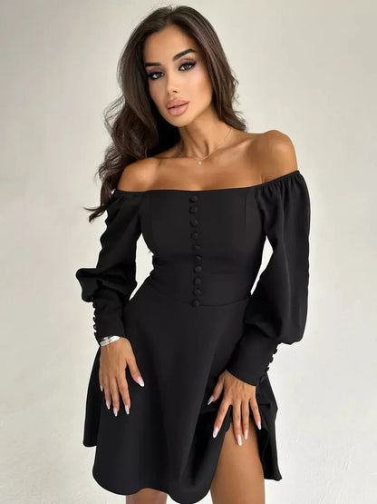 Sleek Noir Aura Mini Dress with off-shoulder design and button detail, perfect for summer evenings and special occasions.