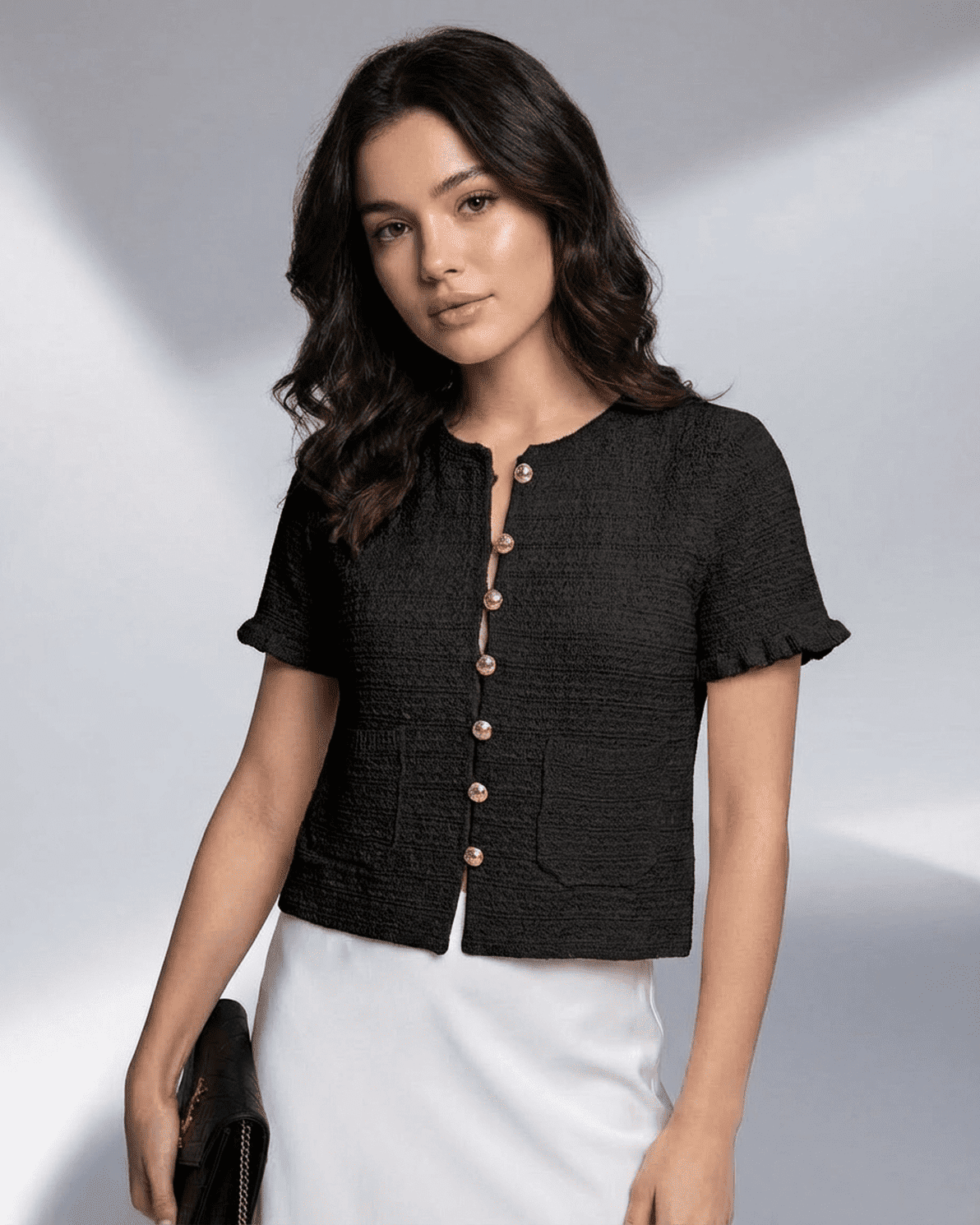 Noir Cardigan by Slimona - Short sleeve button knitwear with a classic O-neck collar and elegant structure.