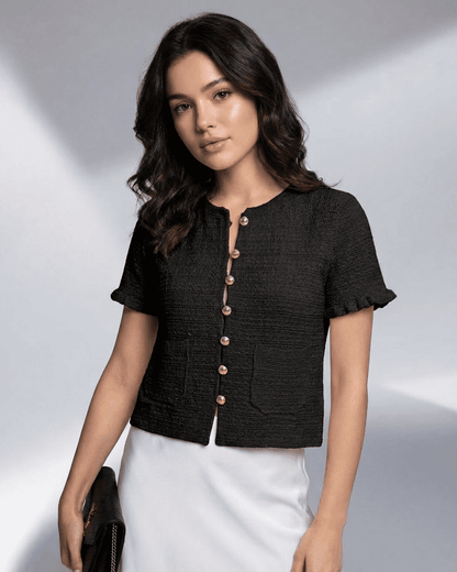 Noir Cardigan by Slimona - Short sleeve button knitwear with a classic O-neck collar and elegant structure.