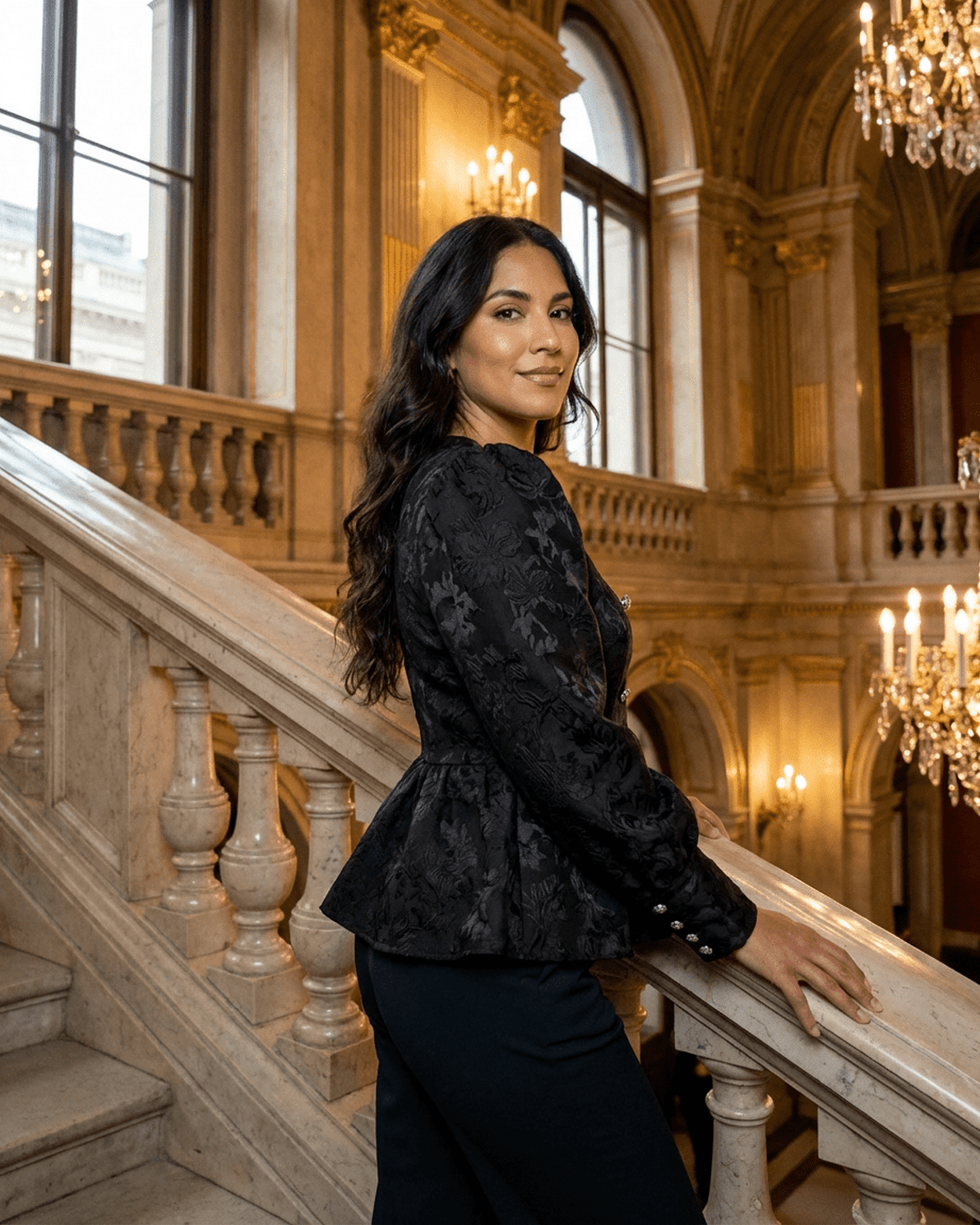 Woman in a Noir Corset Top by Slimona, showcasing a refined design with puff sleeves and tailored structure.