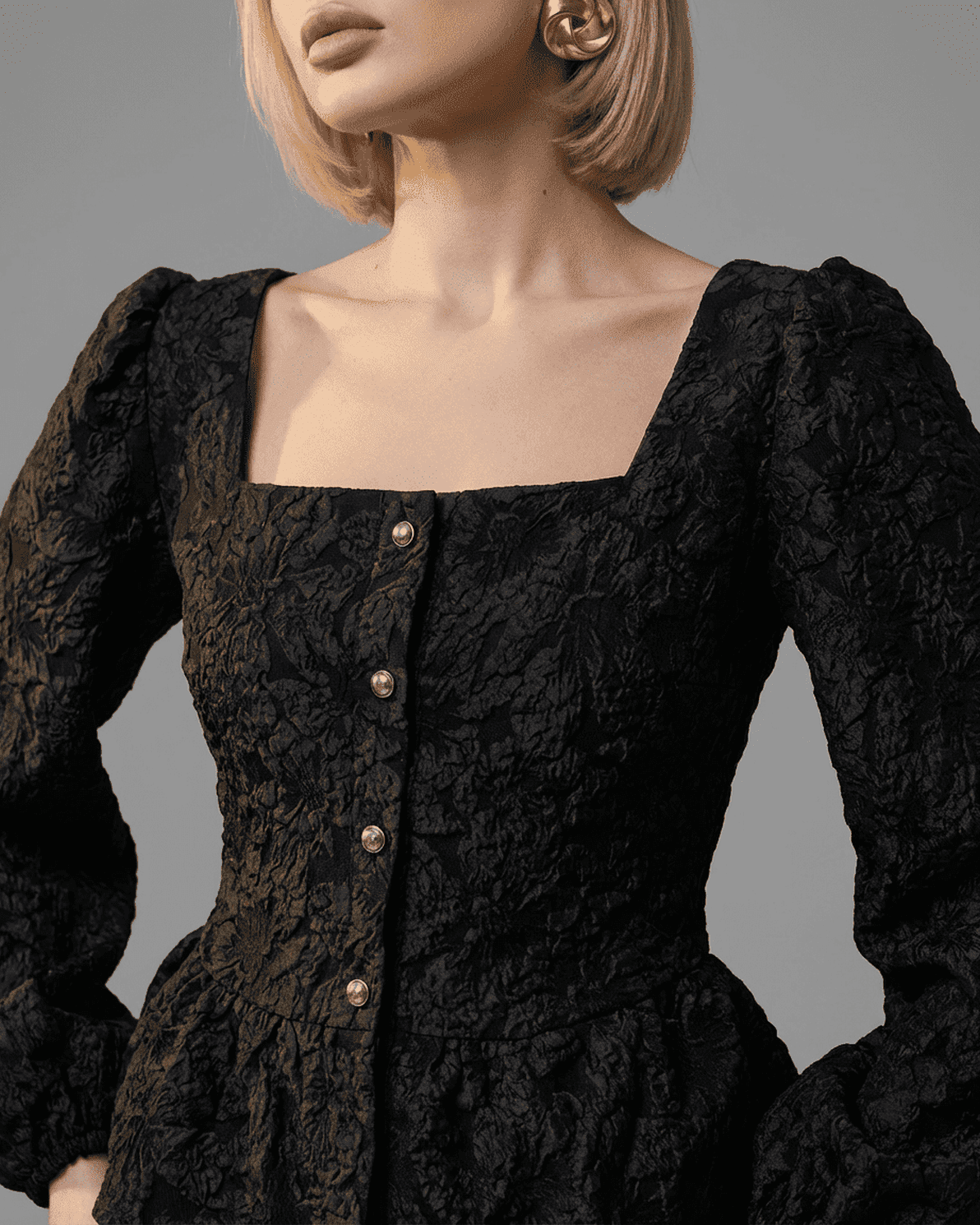 Noir Corset Top by Slimona featuring jacquard square neck and puff sleeves in black.