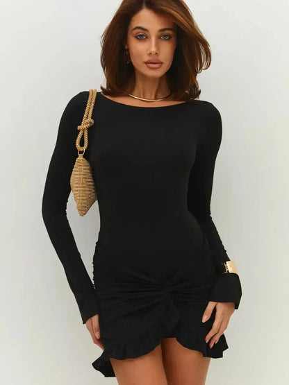 Elegant black curve mini dress with ruched skirt and long sleeves, perfect for summer evenings and weddings.