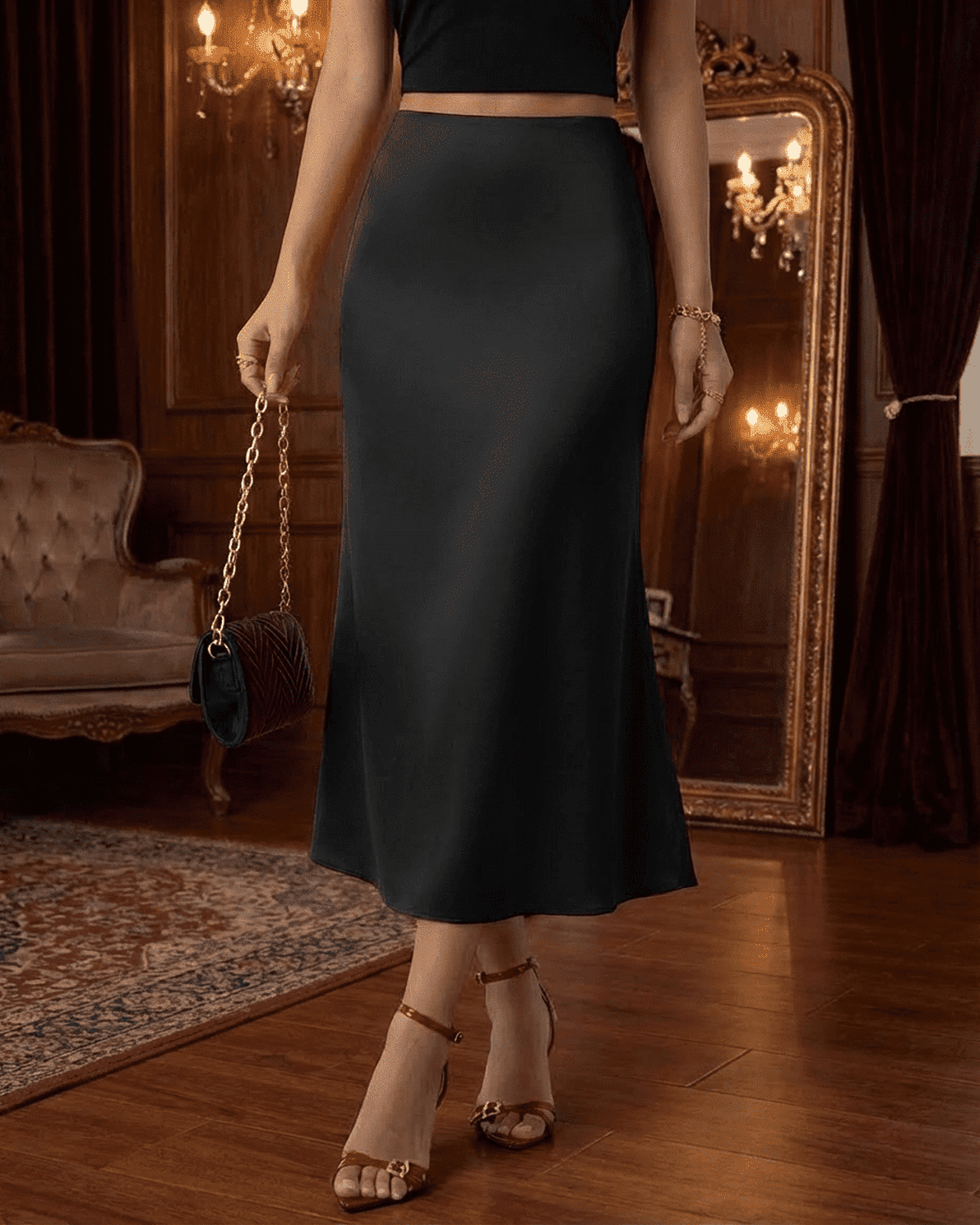 Noirelle Midi Skirt by Slimona, satin mermaid midi skirt in classic black, featuring a flattering silhouette.