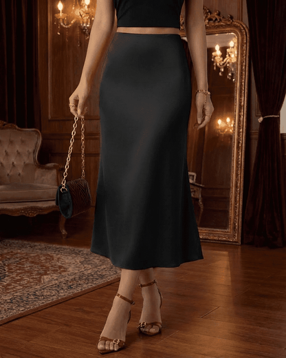Noirelle Midi Skirt by Slimona, satin mermaid midi skirt in classic black, featuring a flattering silhouette.
