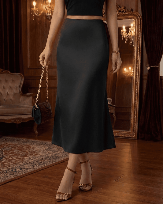 Noirelle Midi Skirt by Slimona, satin mermaid midi skirt in classic black, featuring a flattering silhouette.