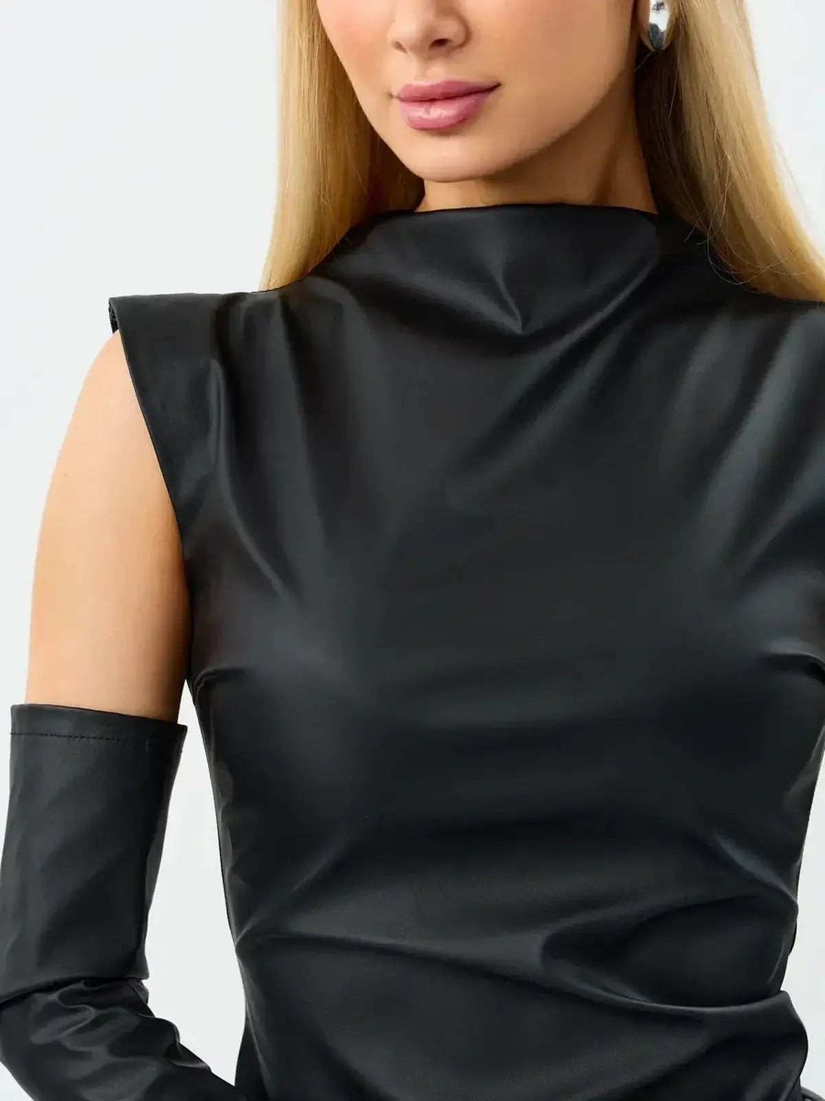 Close-up of the Noirglove Mini Dress featuring a high mock neckline and detachable long gloves, perfect for evening wear.