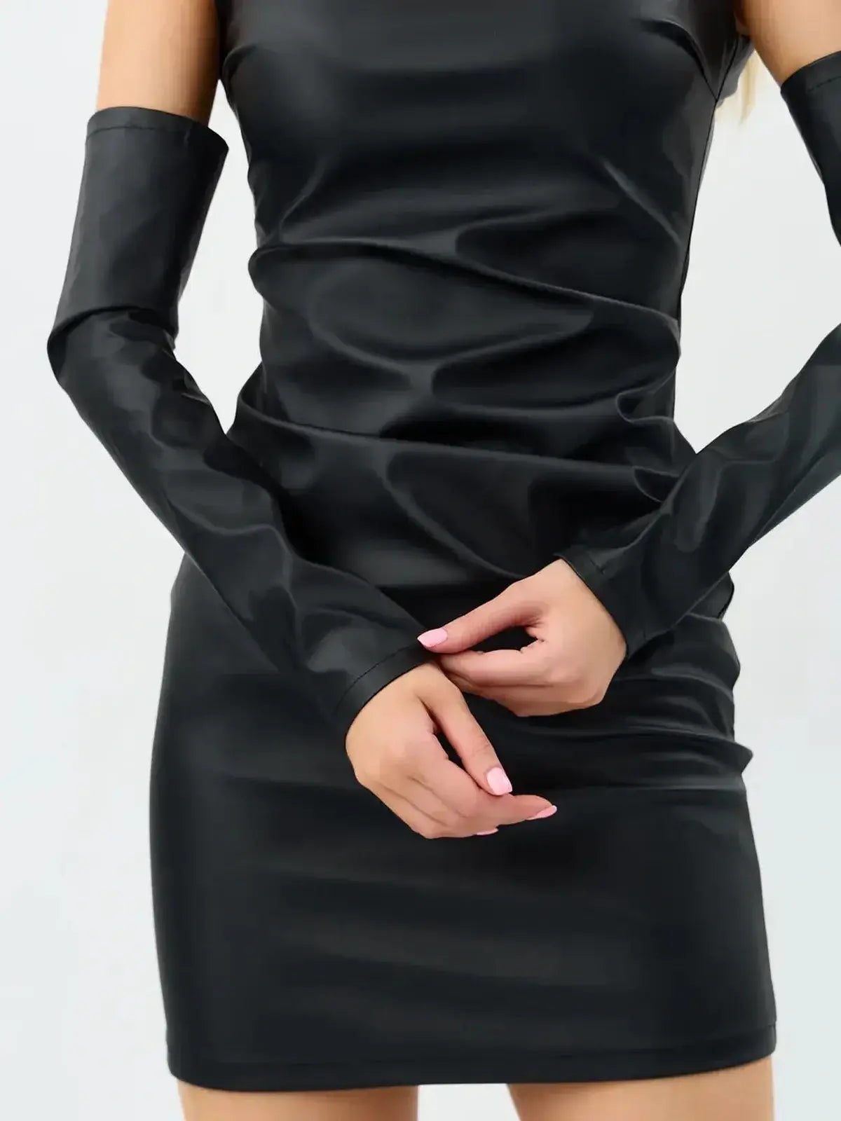 Noirglove Mini Dress featuring a sleek black design and detachable long gloves, perfect for cocktail or party wear.