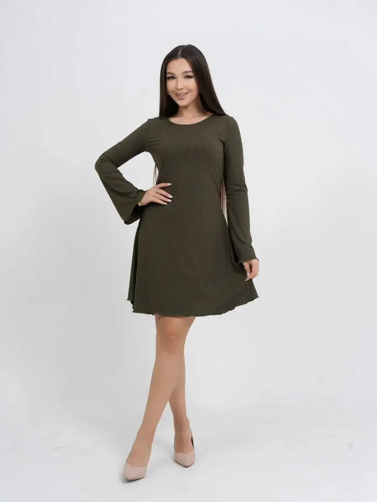 Olive Muse long sleeve mini dress in ribbed stretch-knit fabric with bell sleeves.