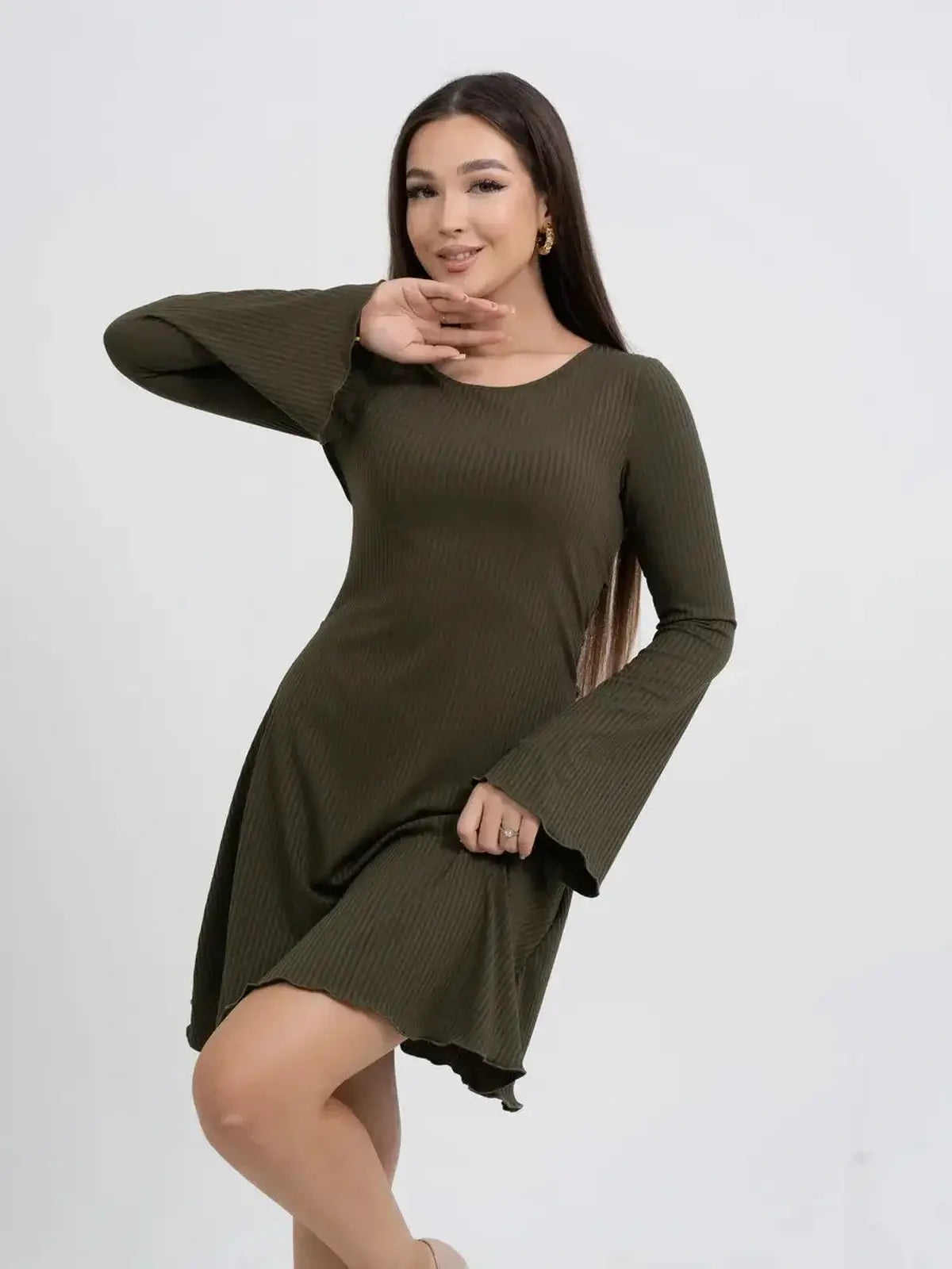 Olive Muse long sleeve mini dress featuring ribbed stretch-knit fabric and bell sleeves, perfect for casual and formal wear.