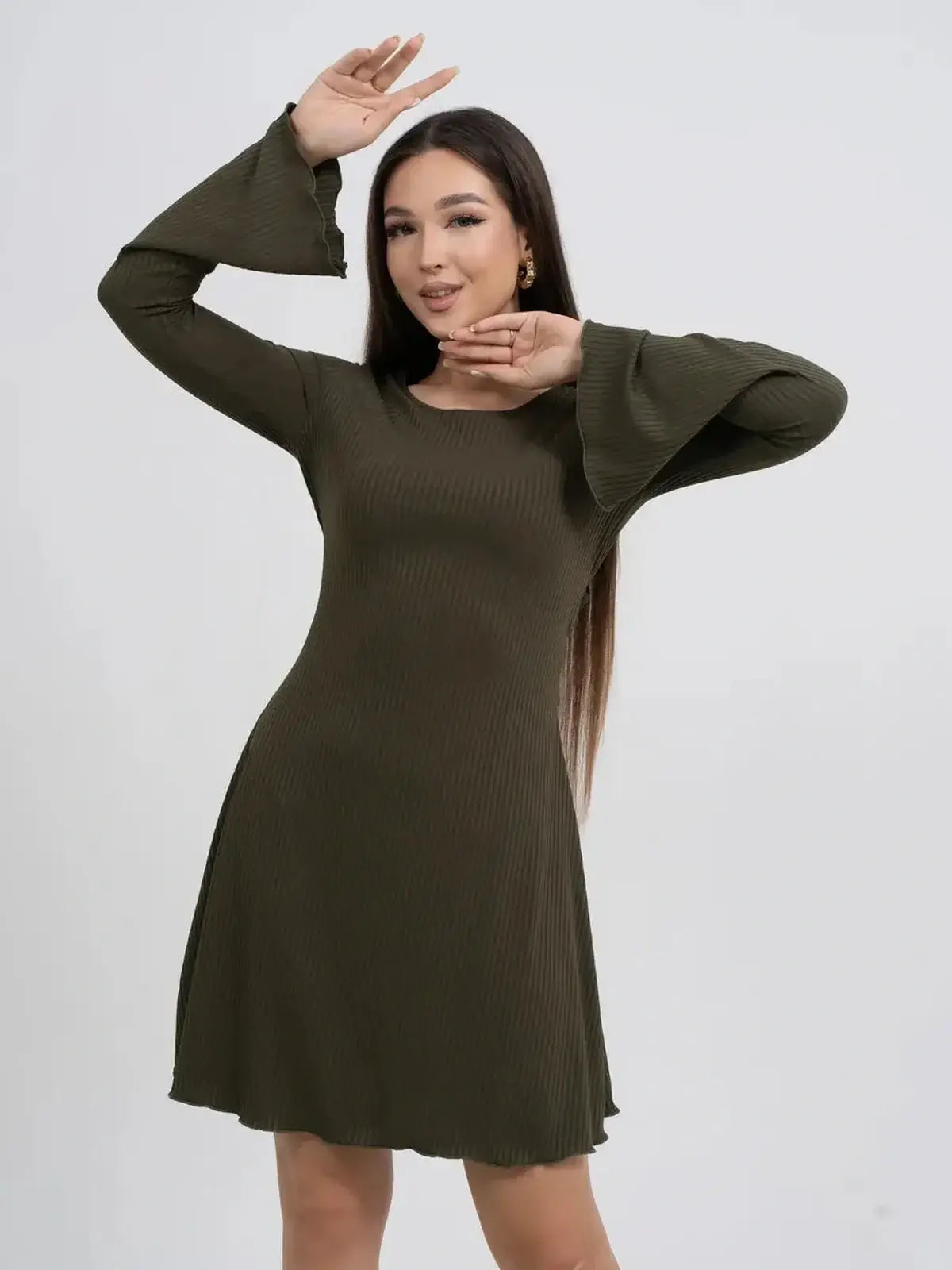 Stylish long sleeve olive green mini dress with bell sleeves, perfect for summer parties or casual outings.