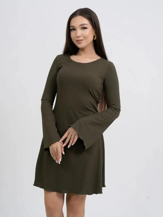 Olive Muse long sleeve mini dress in ribbed stretch-knit fabric with flowy bell sleeves, perfect for any occasion.