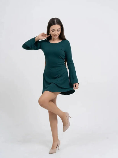 Long sleeve mini dress in emerald green with bell sleeves, perfect for wedding guests and summer parties.