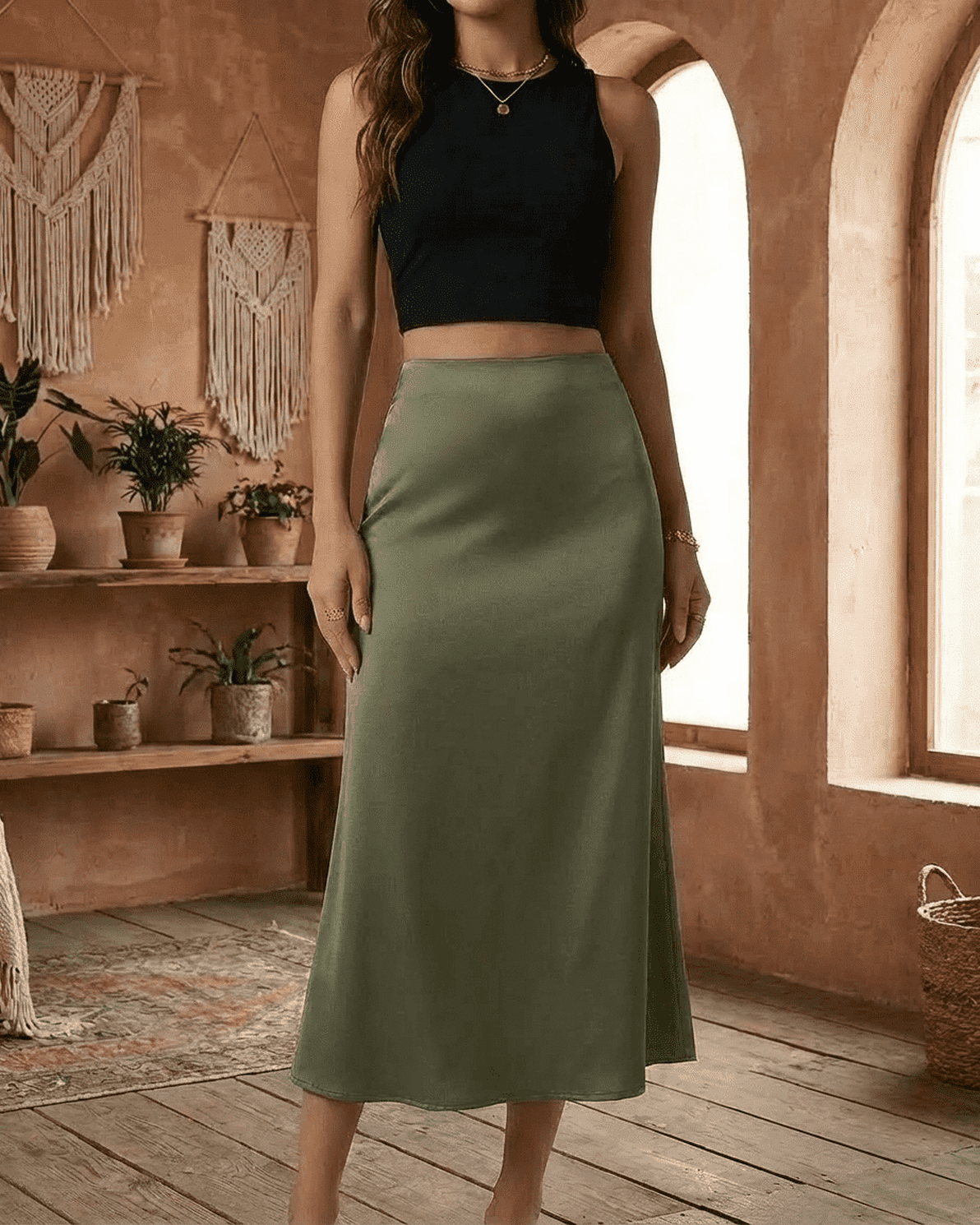 Olivia Midi Skirt by Slimona, satin mermaid style, olive green color, flattering fit, perfect for elegant looks.