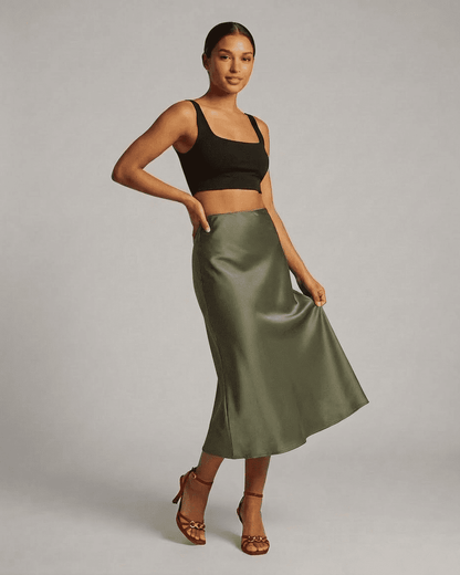 Olivia Midi Skirt by Slimona in sophisticated olive green satin with a smooth silhouette and modern design.