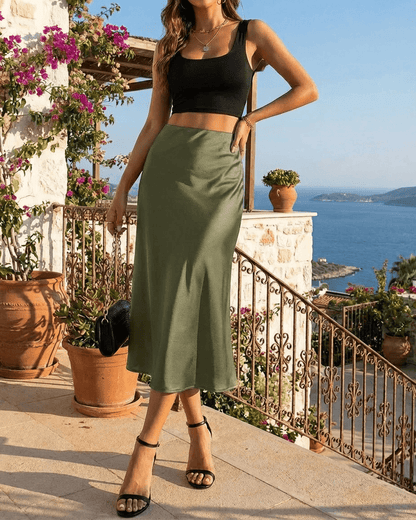 Olivia Midi Skirt by Slimona - Sophisticated olive green satin mermaid midi skirt with a fluid silhouette.