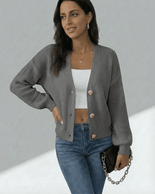 Orion Cardigan by Slimona, stylish textured knit button-front layer with V-neckline and long sleeves.