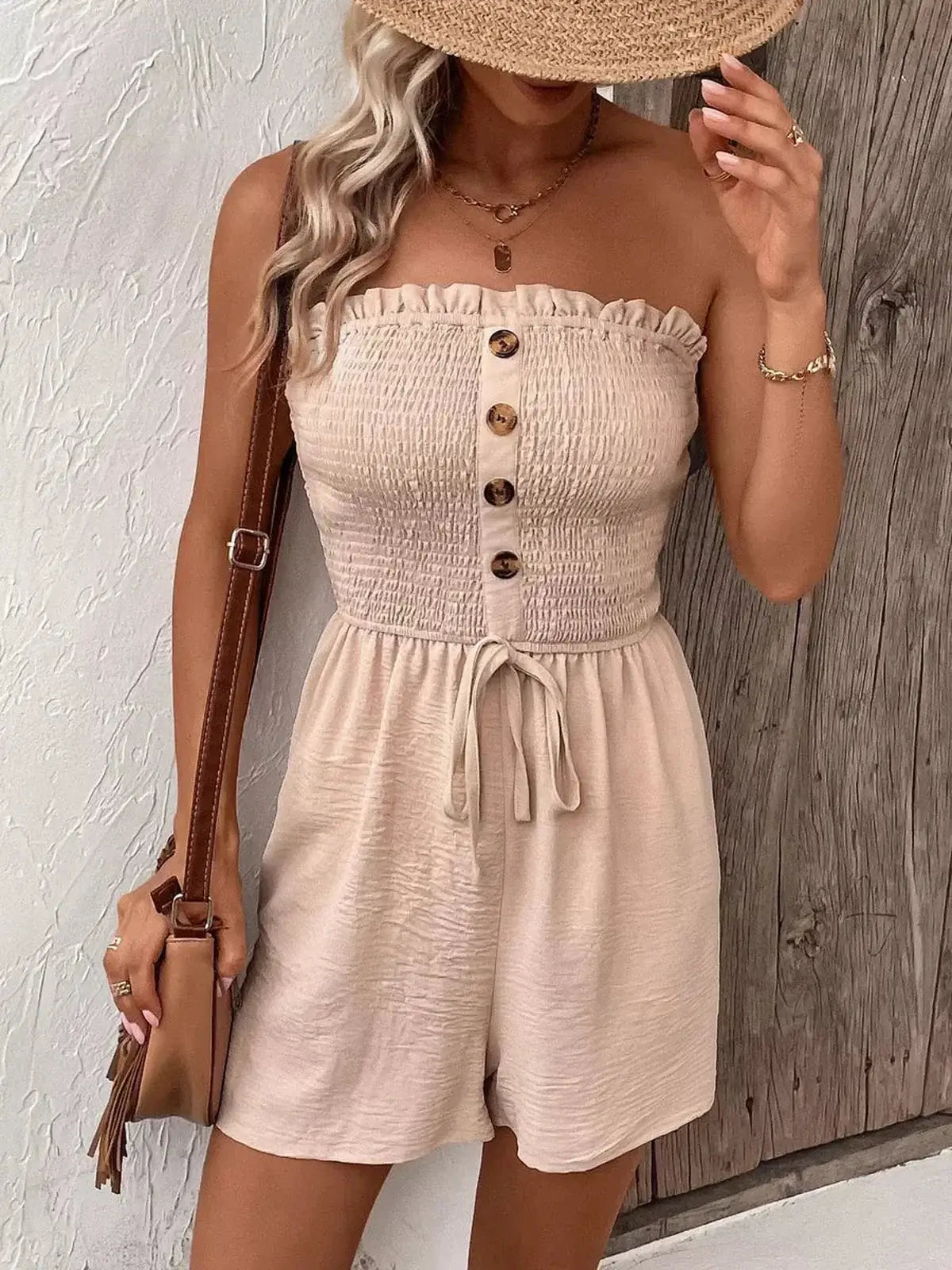 Chic strapless Palm Bay Mini Dress in light beige with button-down front, perfect for summer outings and casual occasions.